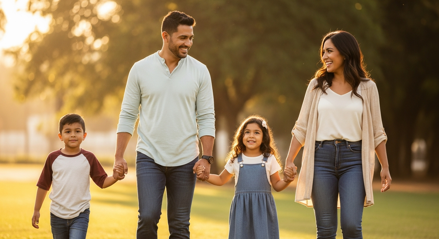 Happy family walking together in a sunny park