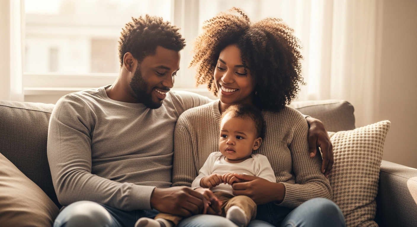 Happy family relaxing on a couch at home, feeling secure